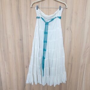 Bohemian Cafe Tiered Skirt 12 White Cotton Beaded Crochet Belt Festival Coastal